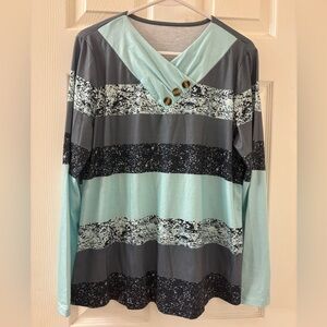 Colorblock Long Sleeve Top with Button Detail